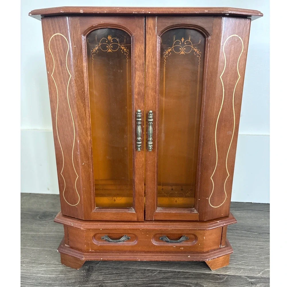 Vintage Wooden Jewelry Armoire Wardrobe Etched Glass Doors Necklace Carousel